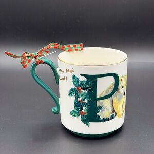 NWT NEW Anthropologie Nathalie Lété Stoneware Holiday Monogram “P” Mug 13.5 oz
